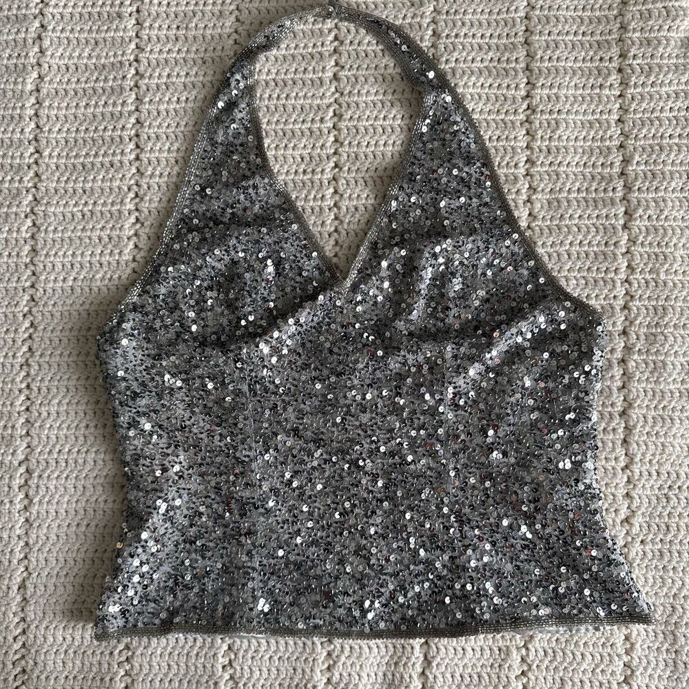 Vintage Blushe by Spiegel Size L Silver Beaded Halter Top Sequined Evening Wear